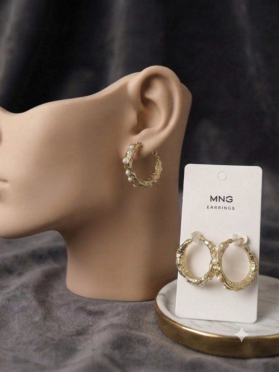 Hammered Gold Hoops with Pearl Accents