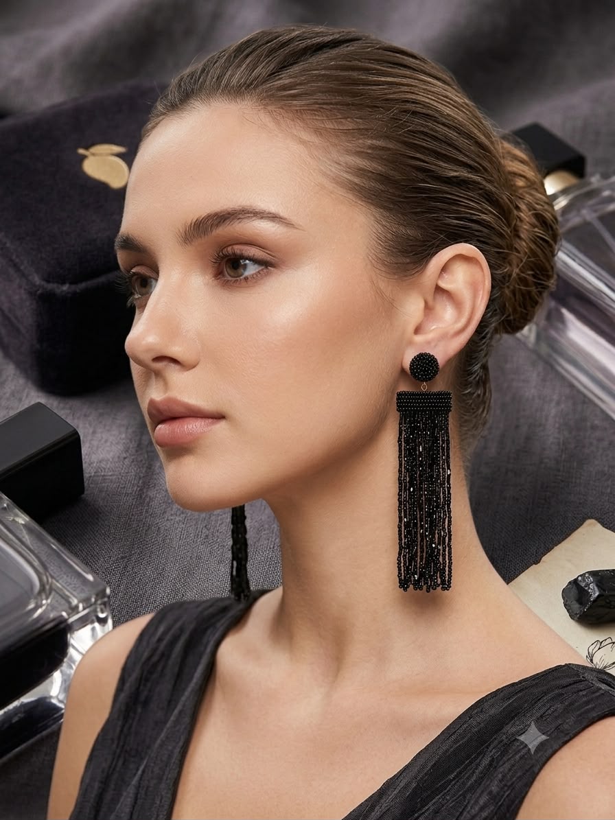 Midnight Bloom Black Beaded Tassel Earrings