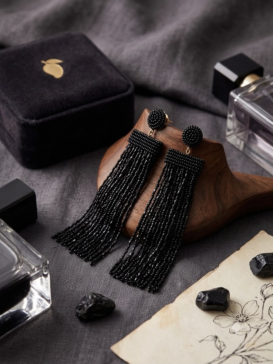 Midnight Bloom Black Beaded Tassel Earrings