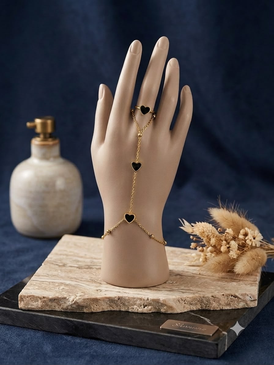 Gold-Tone Black Enamel Heart Slave Bracelet / Hand Chain
