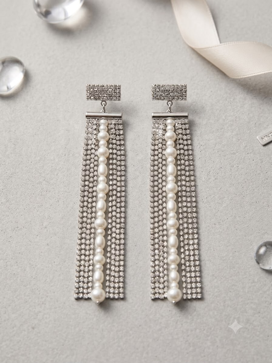 Crystal &amp; Pearl Fringe Earrings