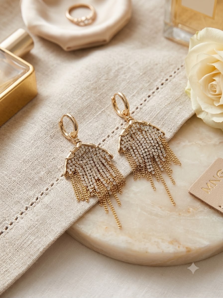 Gold Crystal Fringe Tassel Earrings